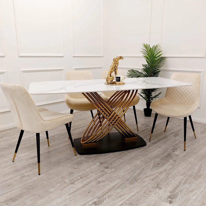 Orion Gold 180cm Dining Table with Polar White Ceramic Marble Top + Luna Plush Velvet Dining Chairs