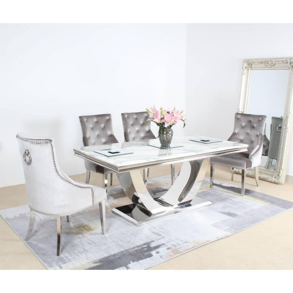 Arial Marble & Chrome Dining Table + Chrome Ring Knocker Velvet Chairs