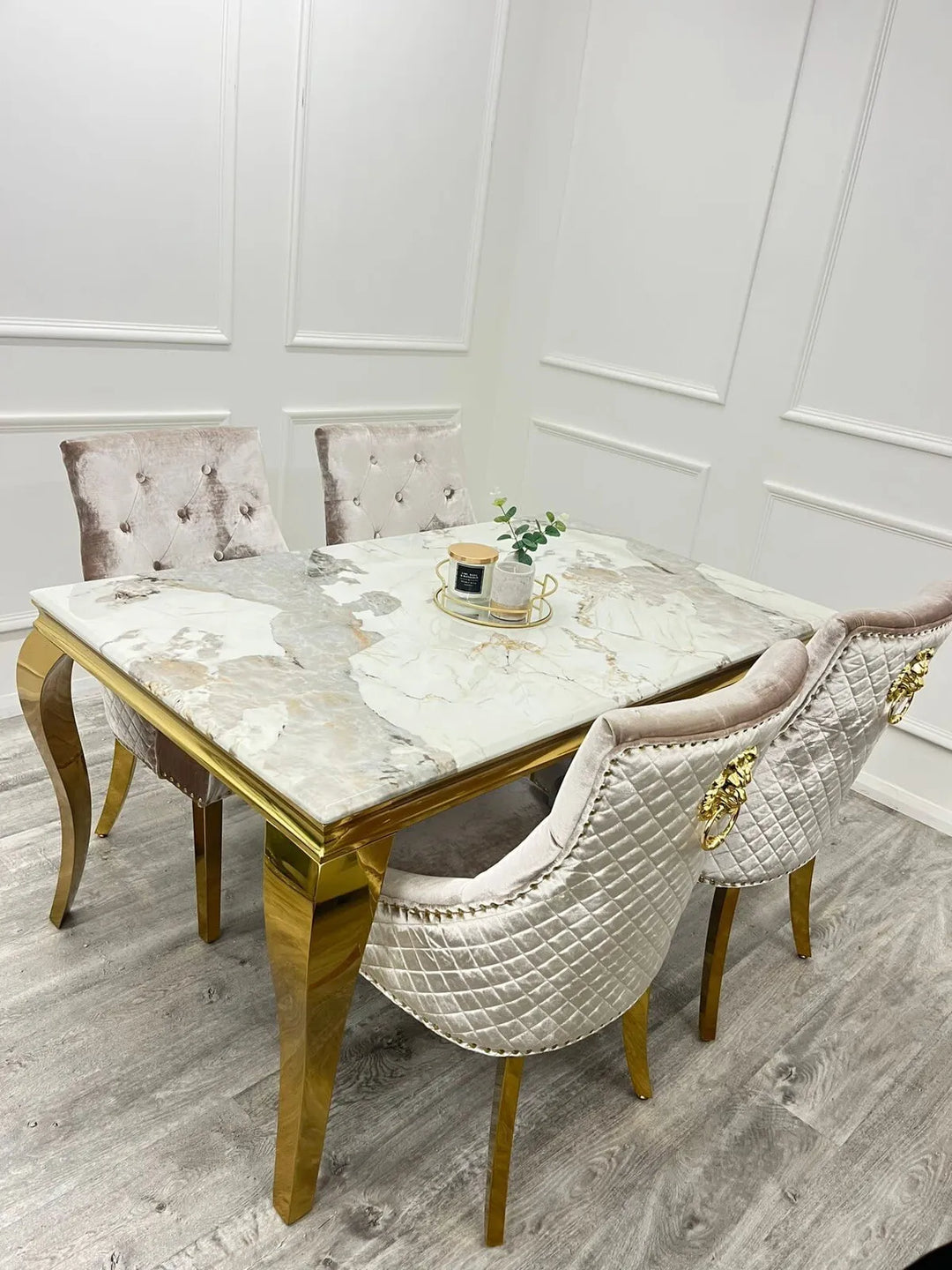 Louis Pandora Gold Marble Dining Table With Gold Lion Knocker Dining Chairs