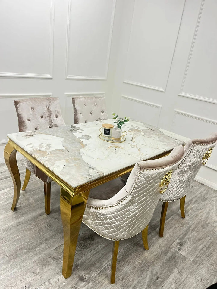 Louis Pandora Gold Marble Dining Table With Gold Lion Knocker Dining Chairs