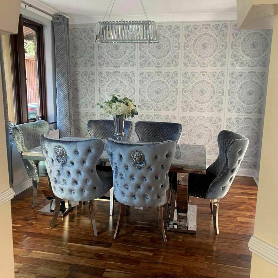 Arianna White Marble 200CM Dining Table + Valente Lion Knocker Velvet Chairs-Esme Furnishings