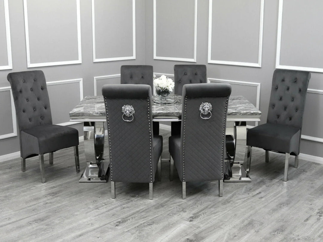 Arianna Marble & Chrome Dining Table With Lucy Slim Quilted Lion Knocker Velvet Chairs