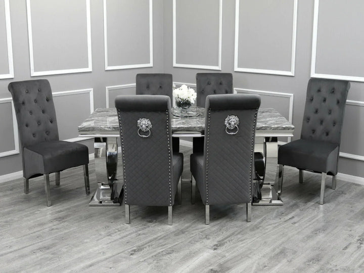 Arianna Marble & Chrome Dining Table With Lucy Slim Quilted Lion Knocker Velvet Chairs