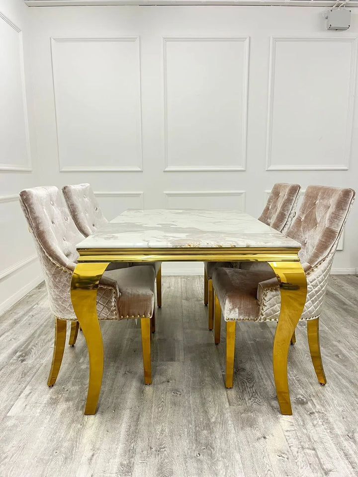 Louis Pandora Gold Marble Dining Table With Gold Lion Knocker Dining Chairs