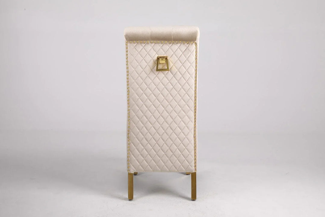 Louis Pandora Gold Marble Dining Table With Lucy Slim Quilted Gold Ring Knocker Velvet Chairs