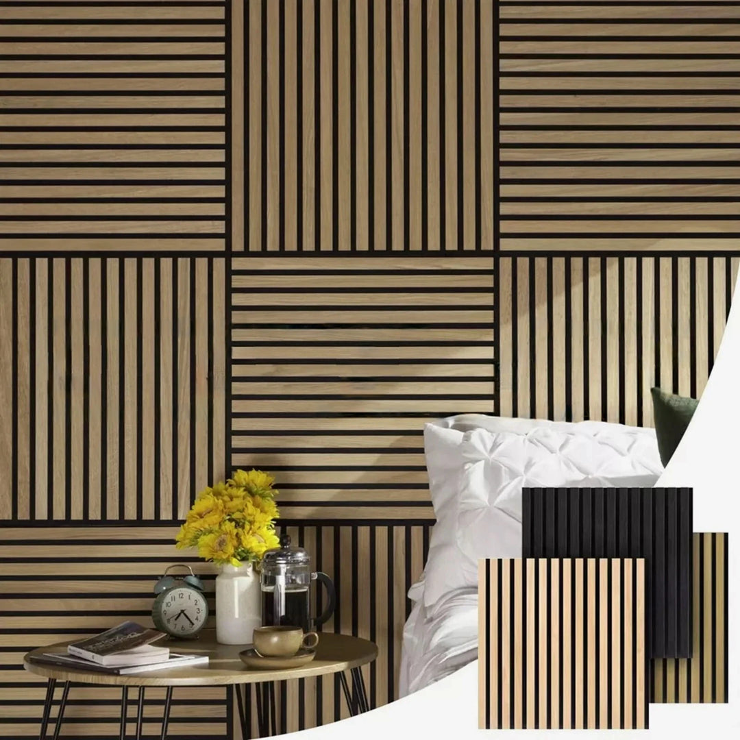 Pack of x4 Natural Light Oak 60x60cm Acoustic Square 3D Slatted Wood Wall Panel Box