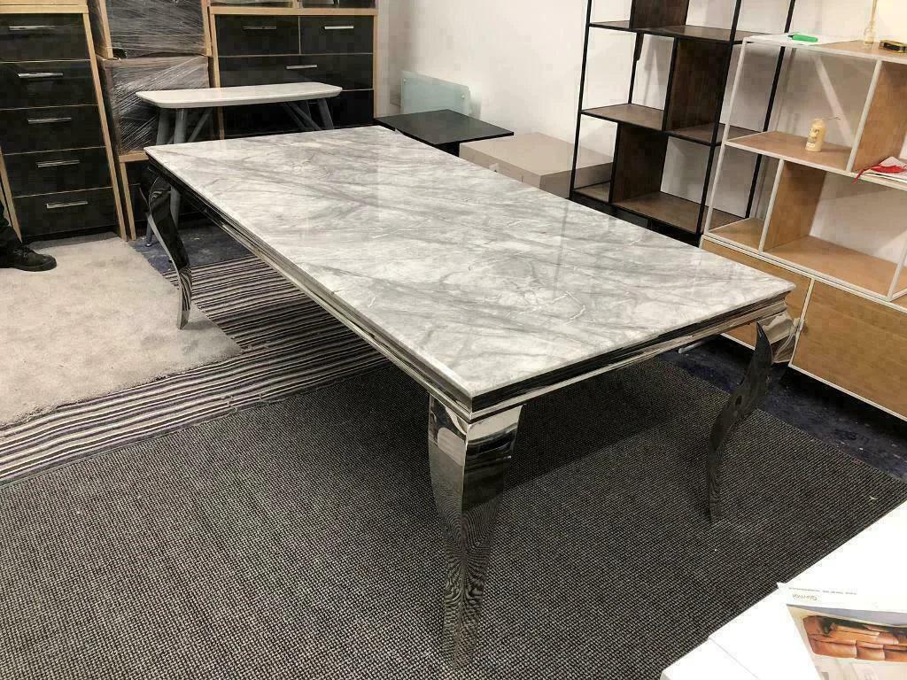 Louis Marble & Chrome Dining Table With Quilted Lion Knocker Velvet Chairs-Esme Furnishings