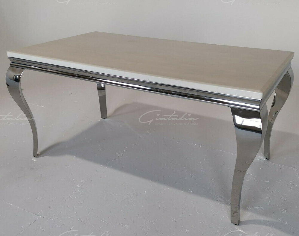 Louis 200cm Cream Marble Dining Table + Chrome Ring Knocker Dining Chairs-Esme Furnishings