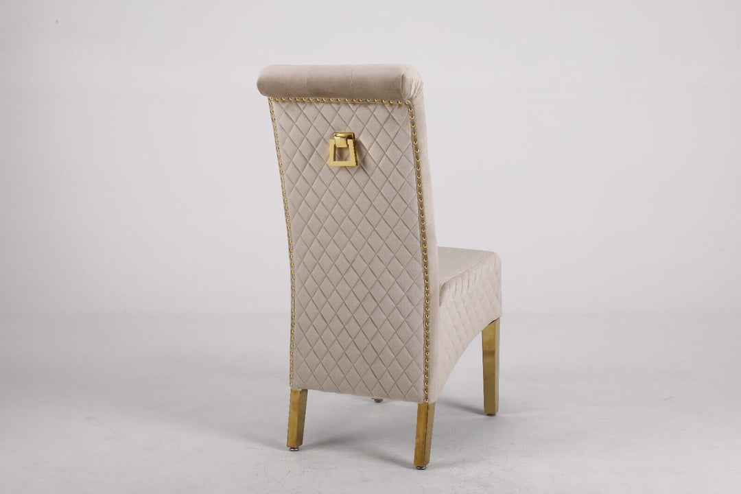 Louis Marble & Gold Dining Table With Lucy Slim Quilted Gold Ring Square Knocker Velvet Chairs