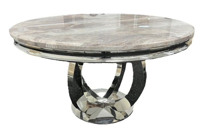 Chelsea 130cm Beige Marble Round Dining Table + Belle Champagne Dining Chairs-Esme Furnishings