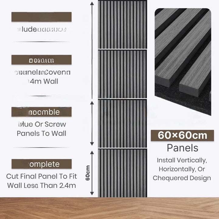 Pack of x4 Charcoal Black 60x60cm Acoustic Square 3D Slatted Wood Wall Panel Box