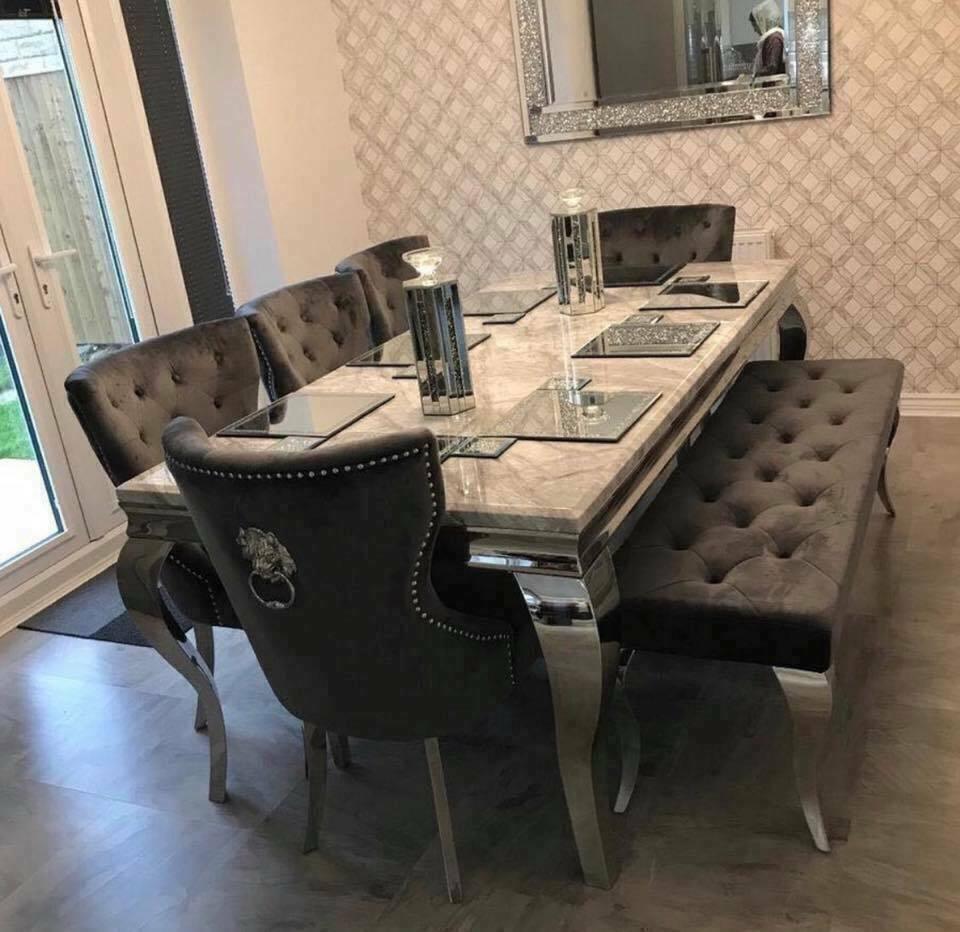Louis Grey Marble 150CM Dining Table + Grey Lion Chairs, Bench Option-Esme Furnishings