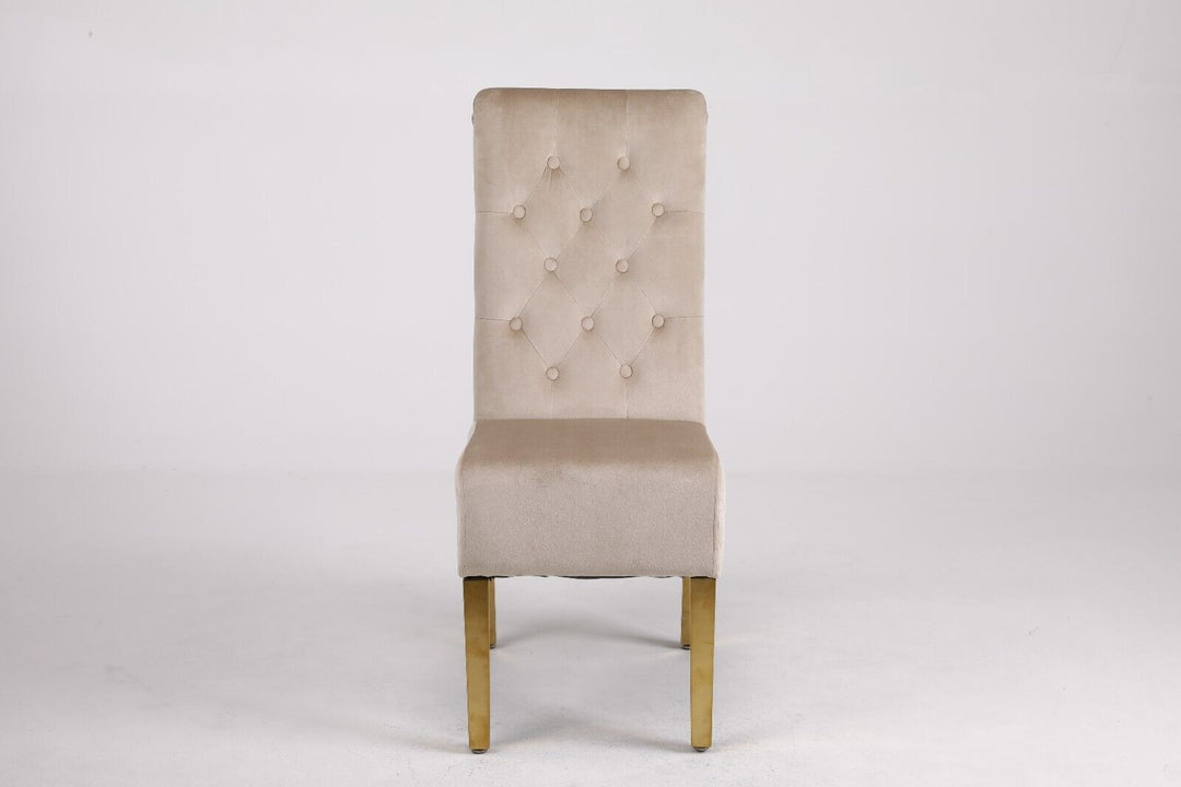Louis Marble & Gold Dining Table With Lucy Slim Quilted Gold Ring Square Knocker Velvet Chairs