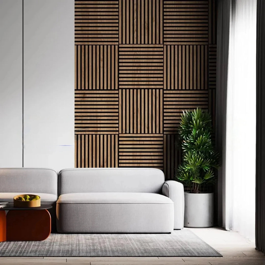 Pack of x4 Natural Light Oak 60x60cm Acoustic Square 3D Slatted Wood Wall Panel Box