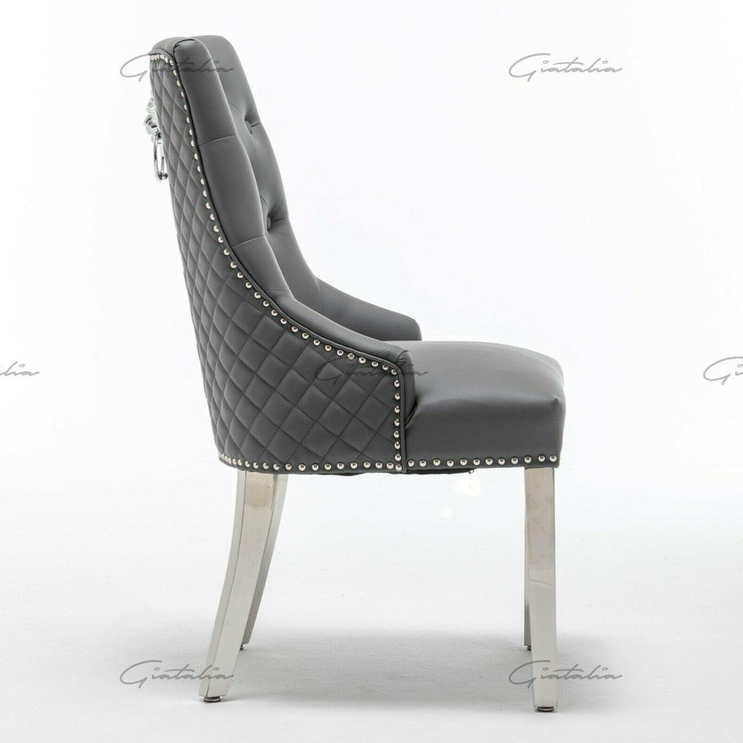 Winchester Grey PU Dining Chair Faux Leather Lion Knocker Chrome-Esme Furnishings
