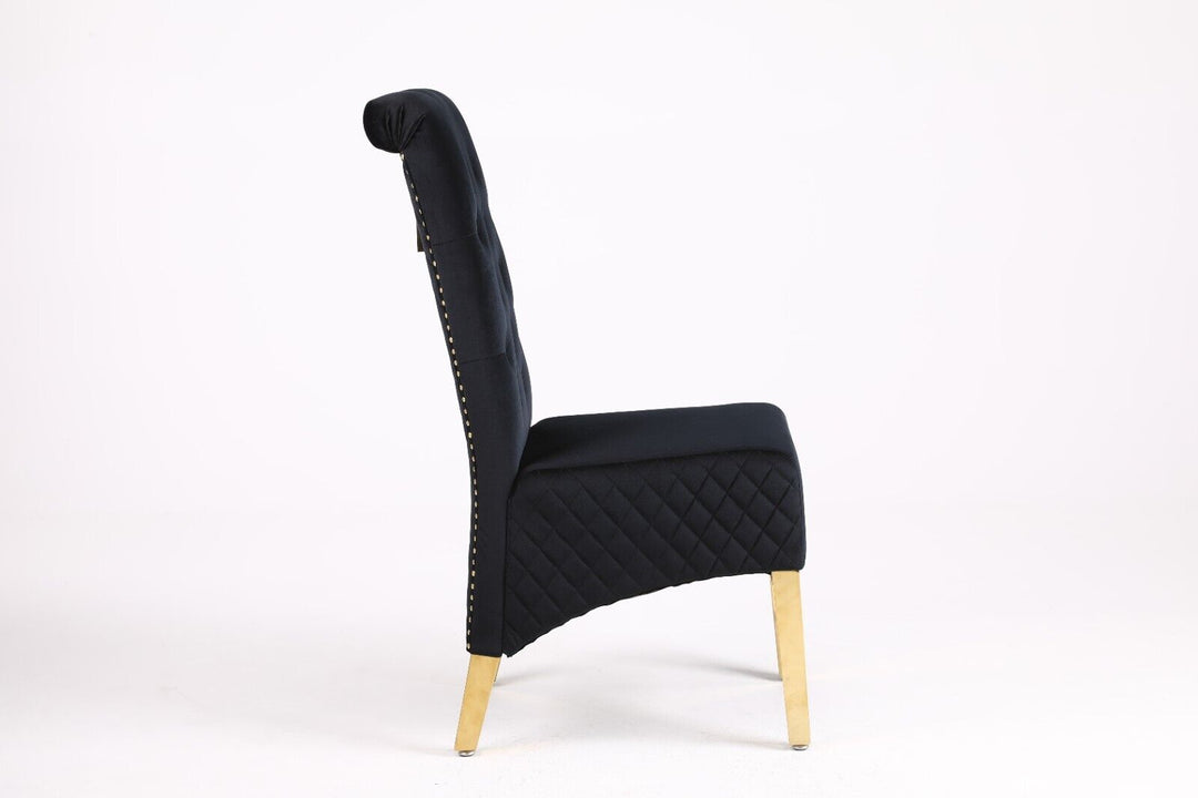 Louis Marble & Gold Dining Table With Lucy Slim Quilted Gold Ring Square Knocker Velvet Chairs