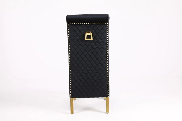 Arianna Marble & Gold Dining Table With Lucy Slim Quilted Gold Ring Knocker Velvet Chairs