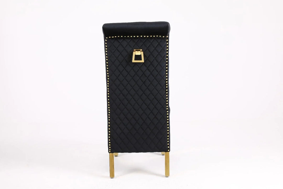 Louis Pandora Gold Marble Dining Table With Lucy Slim Quilted Gold Ring Knocker Velvet Chairs