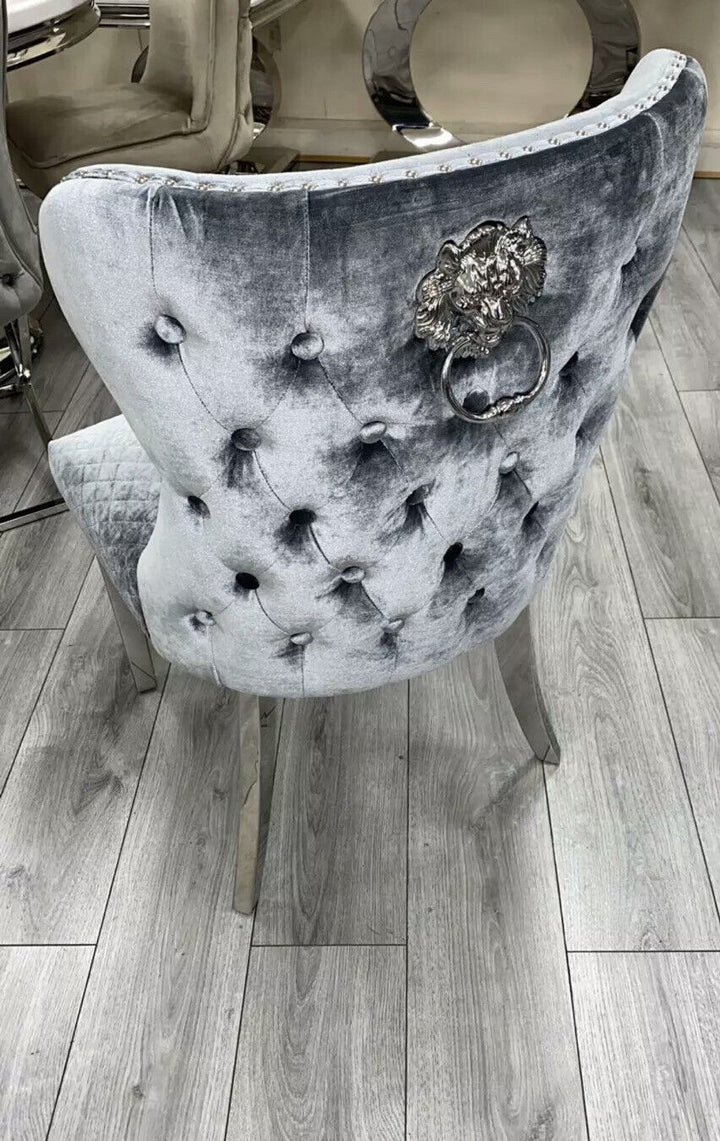 Louis Marble & Chrome Dining Table With Shimmer Valente Lion Knocker Chairs
