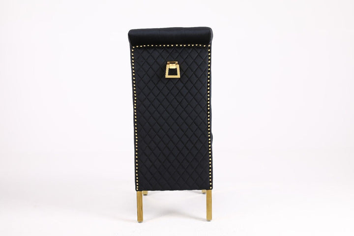Louis Marble & Gold Dining Table With Lucy Slim Quilted Gold Ring Square Knocker Velvet Chairs