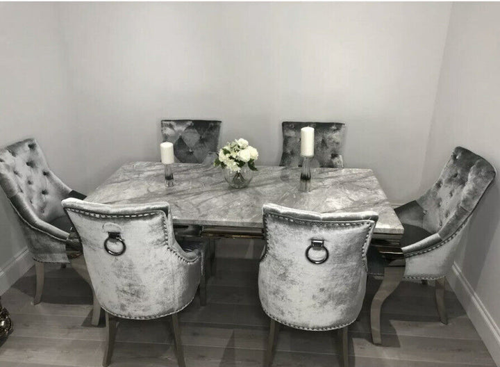 Louis Marble & Chrome Dining Table With Shimmer Chrome Ring Knocker Chairs