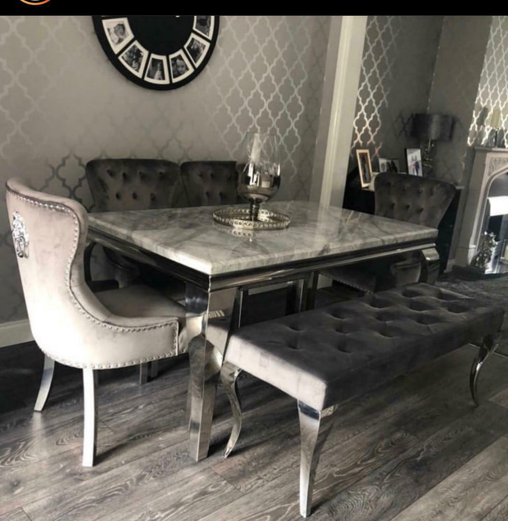 Louis Grey Marble 200CM Dining Table + Grey Lion Chairs, Bench Option-Esme Furnishings