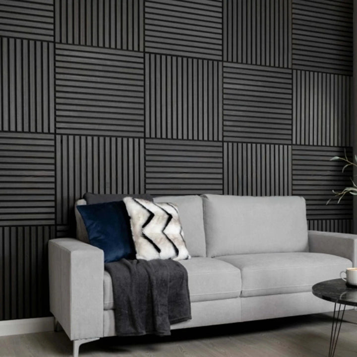 Pack of x4 Charcoal Black 60x60cm Acoustic Square 3D Slatted Wood Wall Panel Box
