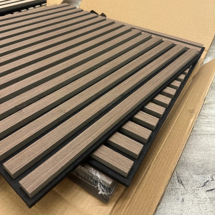 Pack of x4 Walnut 60x60cm Acoustic Square 3D Slatted Wood Wall Panel Box