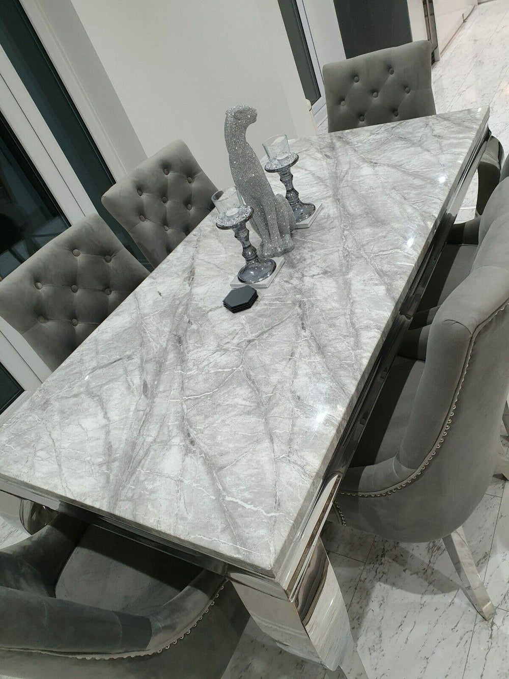 Louis Grey Marble 150CM Dining Table + Valente Grey Lion Chairs, Bench Option-Esme Furnishings