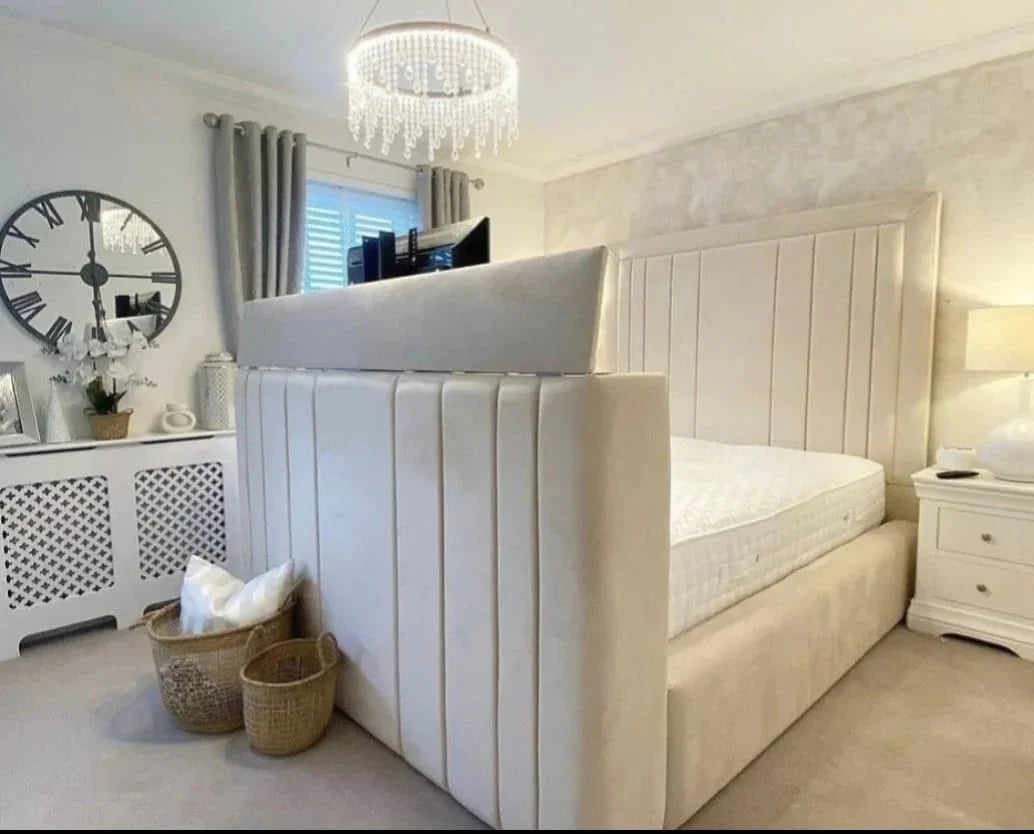 The London Panel Tall Bespoke TV Bed in Luxury Plush Velvet - Esme Furnishings