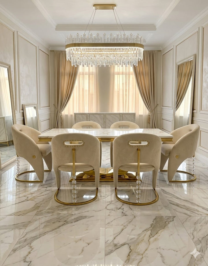 Arial Marble & Gold Dining Table With Vermont Cream Gold Velvet Dining Chairs Crystals
