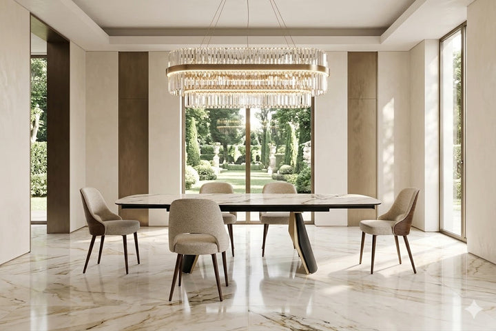 Fidenza 180-260cm Italian Black Ash & Calacatta Verde Ceramic Marble Side Extending Dining Table With Milo Walnut Wooden Dining Chairs
