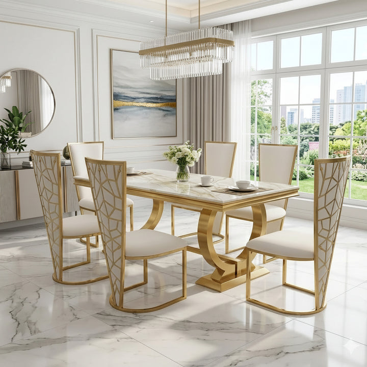 Arianna 160cm Marble & Gold Dining Table With Florence High Back Dining Chairs Gold Legs