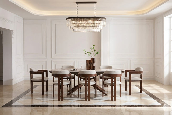 Serene 160-240cm Italian Walnut & Pandora Vendome Ceramic Marble Side Extending Dining Table With Clara Walnut Wooden Dining Chairs