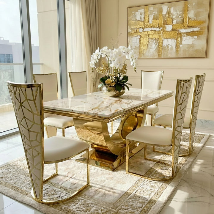 Arial Marble & Gold Dining Table With Florence High Back Dining Chairs Gold Legs