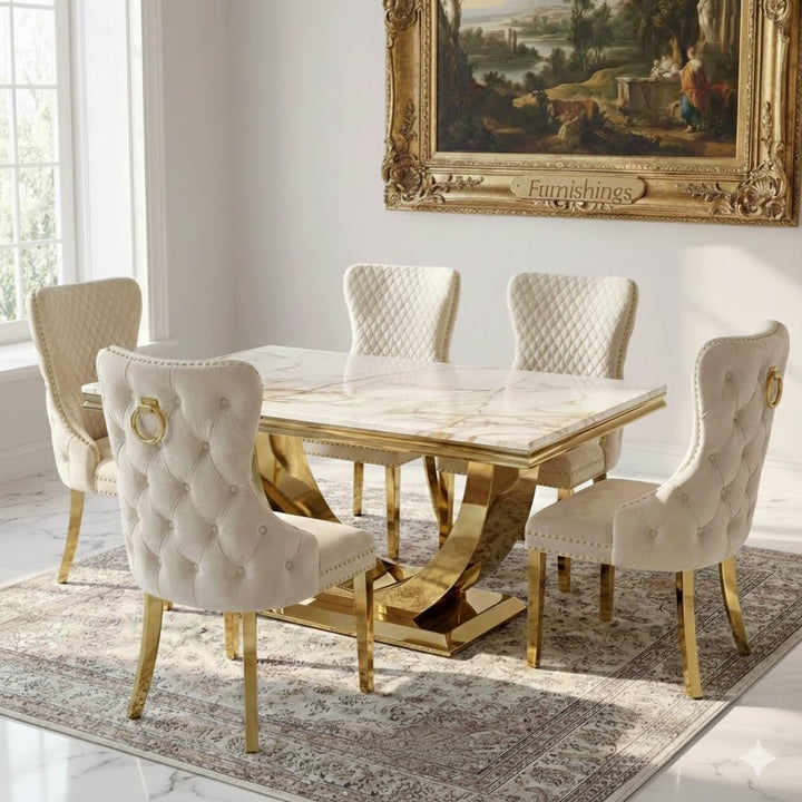 Arial Marble & Gold Dining Table With Victoria Quilted Ring Knocker Dining Chairs Gold Legs
