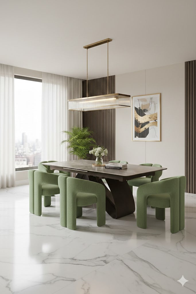 Carra 160-200cm Grey/Gold Ceramic Marble Extending Dining Table With Oscar Scroll Back Velvet Chairs