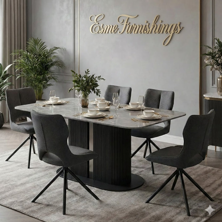 Sydney 160cm Grey Ceramic Marble Dining Table With Sydney Grey Velvet 360 Swivel Dining Chairs
