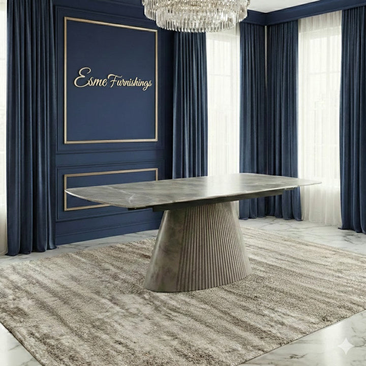 Monaco Grey 160-240cm Extending Ceramic Marble Dining Table With Grey Velvet 360 Swivel Chairs