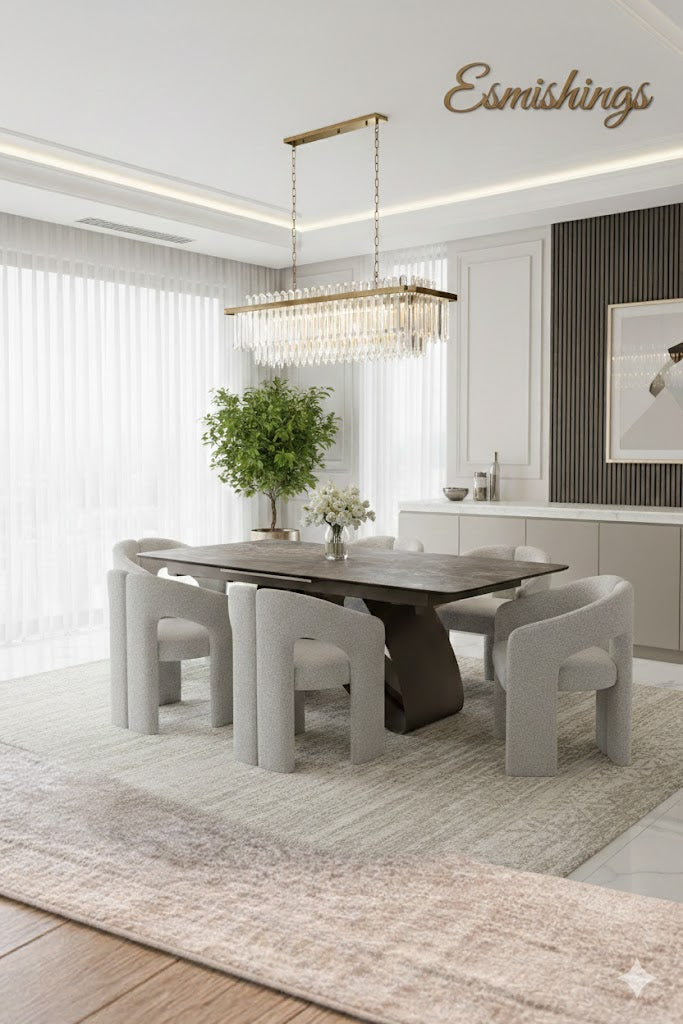 Carra 120-150cm Grey/Gold Ceramic Marble Extending Dining Table With Oscar Scroll Back Velvet Chairs