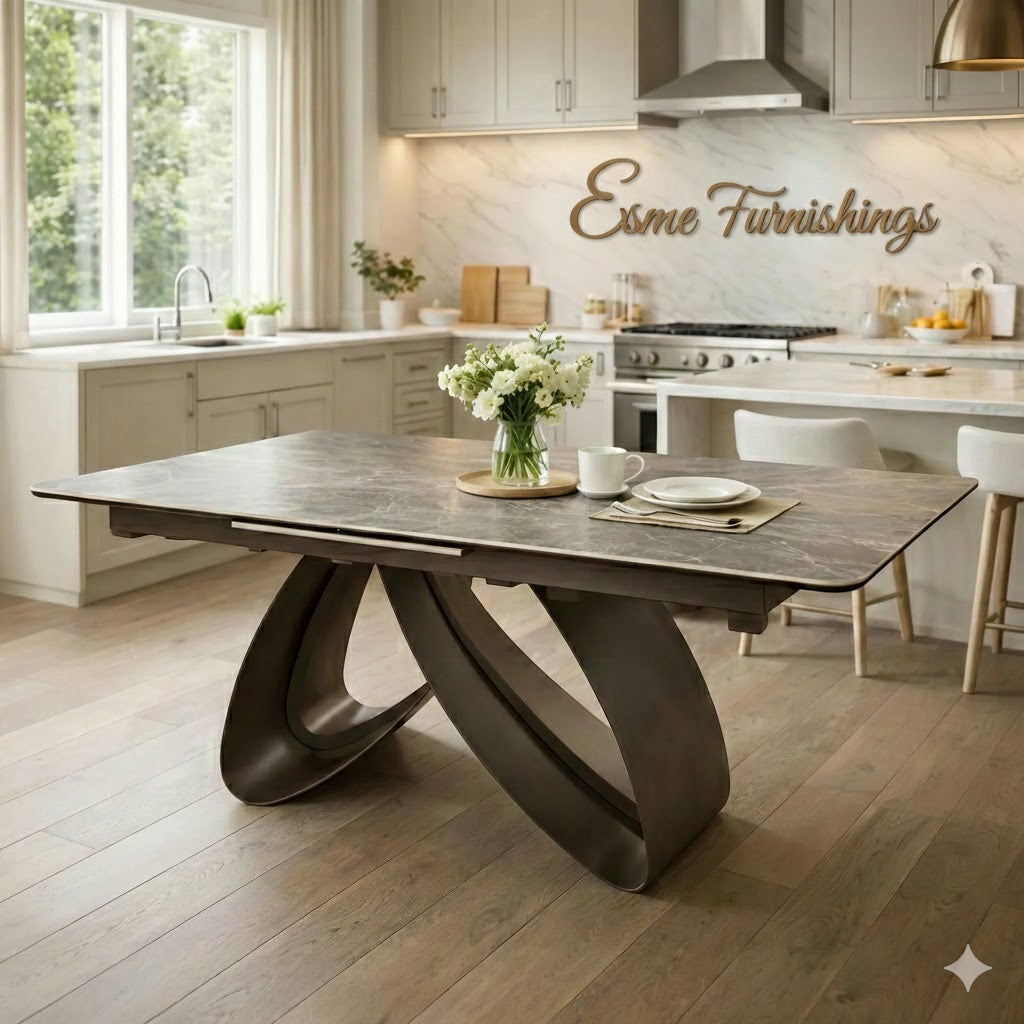 Carra 120-150cm Grey/Gold Ceramic Marble Extending Dining Table With Oscar Scroll Back Velvet Chairs