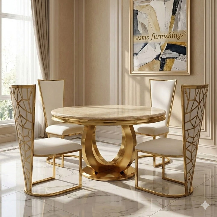 Chelsea Gold 130cm Marble Round Dining Table With Florence High Back Dining Chairs Gold Legs