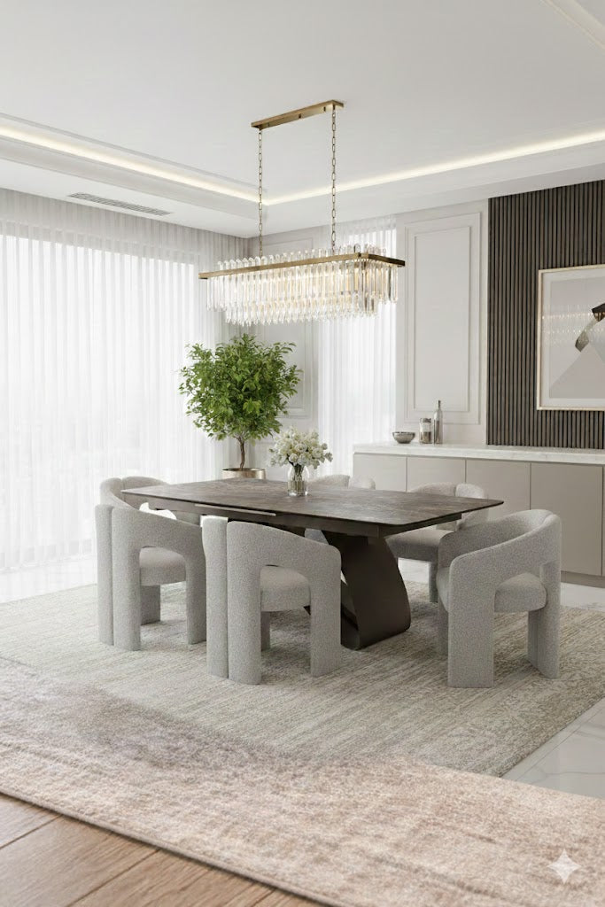 Carra 120-150cm Grey/Gold Ceramic Marble Extending Dining Table With Oscar Scroll Back Velvet Chairs
