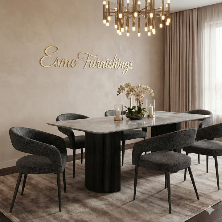 Olympia 160cm Grey Ceramic Marble Dining Table With Olympia Dining Chairs