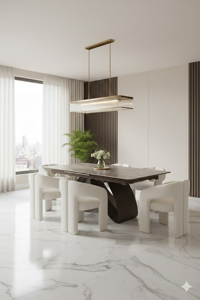 Carra 160-200cm Grey/Gold Ceramic Marble Extending Dining Table With Oscar Scroll Back Velvet Chairs