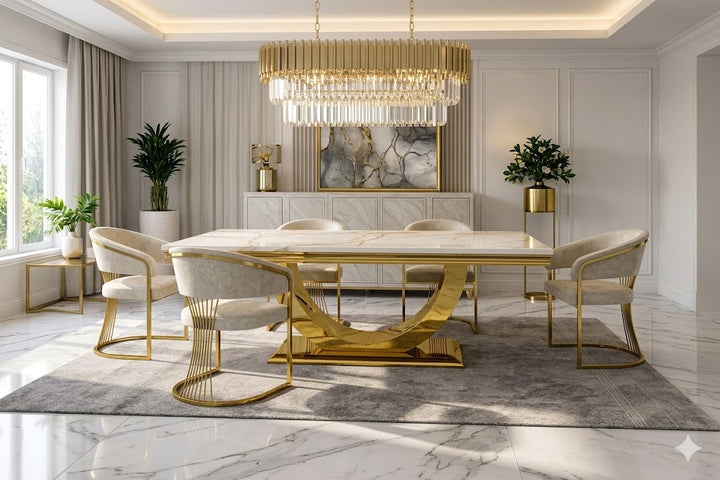 Arial Marble & Gold Dining Table With Savoy Velvet Dining Chairs Gold Legs