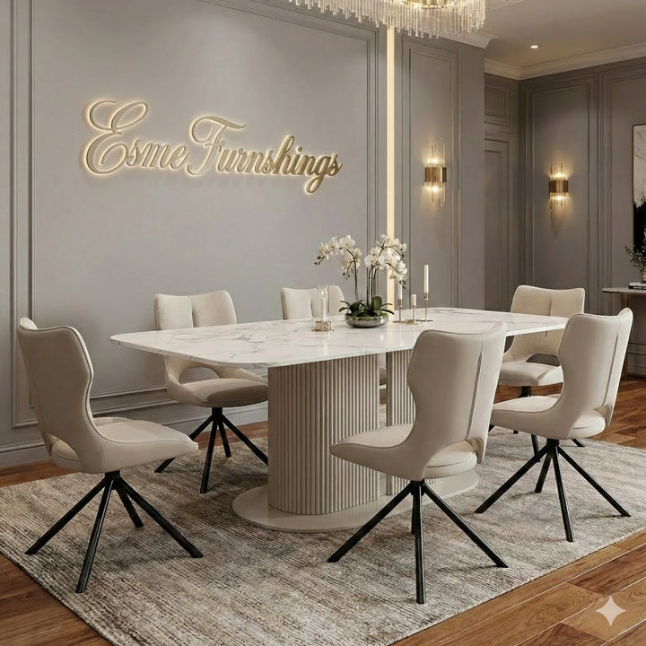 Sydney 160cm Cream Gold Ceramic Marble Dining Table With Sydney Beige Velvet 360 Swivel Dining Chairs