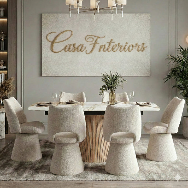 Monaco Pandora Beige 160-240cm Extending Ceramic Marble Dining Table With Beige Velvet 360 Swivel Chairs