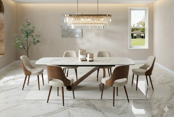 Lusso 180-260cm Italian Brushed Brass & Sunset Statuario Ceramic Marble Side Extending Dining Table With Milo Walnut Wooden Dining Chairs