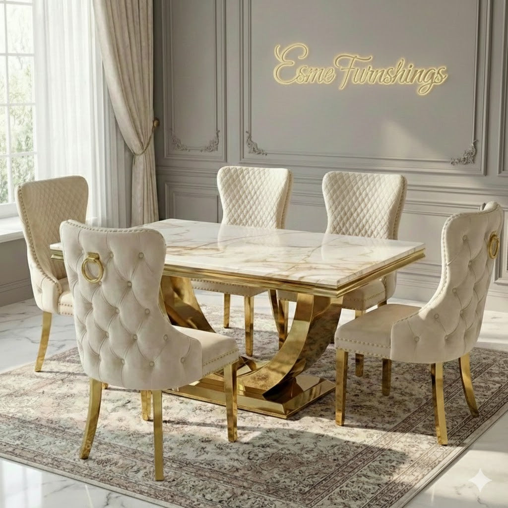 Arial Marble & Gold Dining Table With Victoria Quilted Ring Knocker Dining Chairs Gold Legs